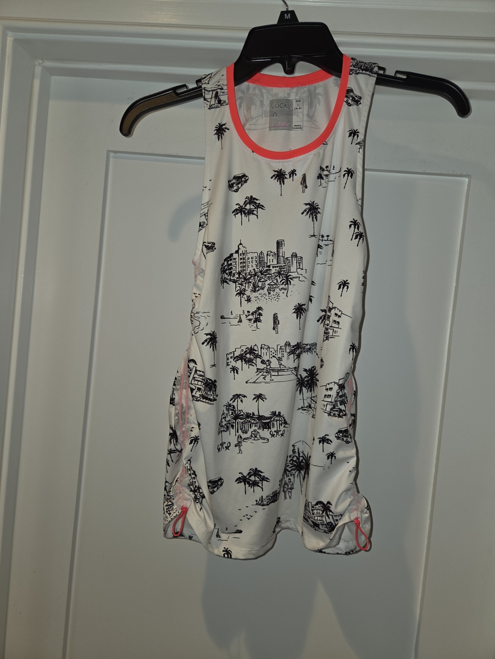 Lucky in Love White Tank with Black Palm Print and Neon Pink Trim
